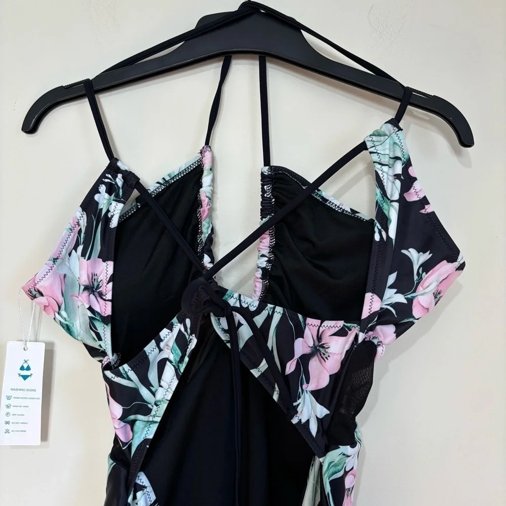beachsissi Mesh waist adjustable strap pink blue floral black One Piece Swimwear